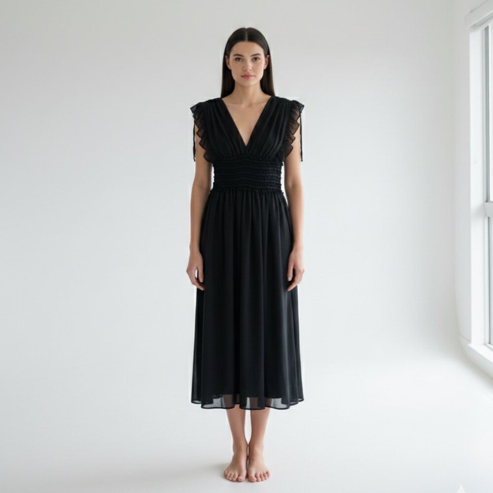 Max Studio Black Smocked Waist Midi Dress Size S Elegant Ruffle V Neck